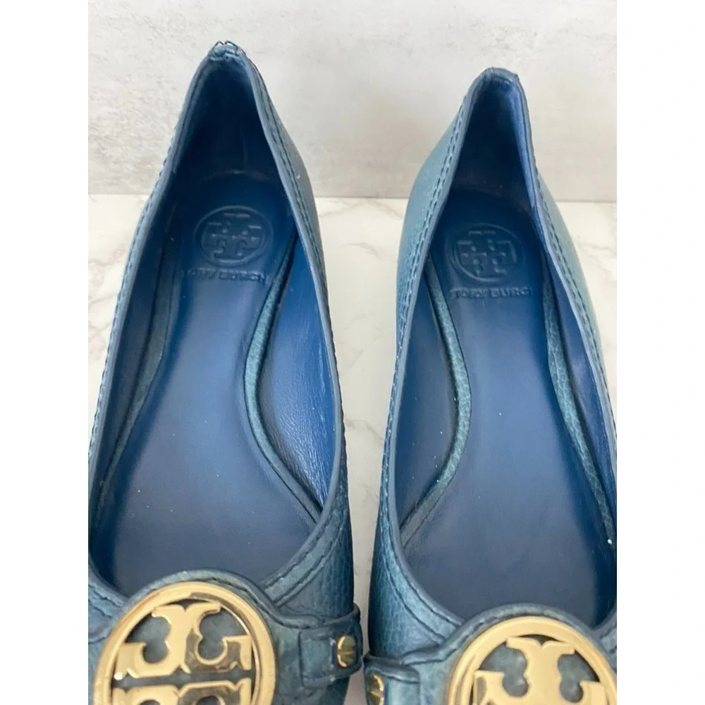 Tory Burch Navy Blue Leather Leticia Wedge Pumps Sz 6M Blue Logo Office Work